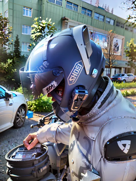 arafed man in a helmet and protective gear on a motorcycle, point of view of visor wearer, helmet on face, wearing helmet, refle...