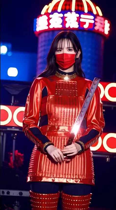 Woman in red armor and helmet, brave mask holding a sword, full body, on a building, Tokyo neon sign in the background, motorcycle group with flag behind it,