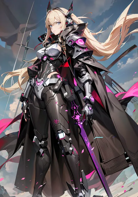 a close up of a person with a sword and a cape, cyberpunk anime girl mech, girl in mecha cyber armor, from arknights, best anime...