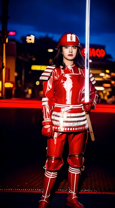Woman in red armor and helmet, holding up a sword, full body, Tokyo neon sign in the background, motorcycle group with flag behind it, angry face,