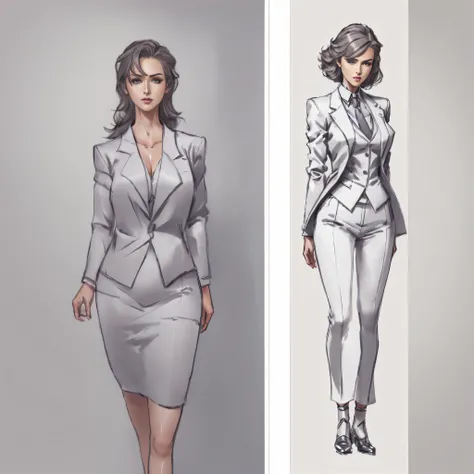 a drawing of a woman in a dress and jacket, girl in a suit, clear outfit design, unrealistic character concept, girl in suit, stylized portrait formal pose, realistic character concept, realistic proportions sfw, clothing concept, !!full body portrait!!, s...
