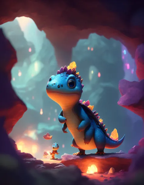 cinematic portrait of a cute dicuki exploring a dark and mysterious cave filled with colorful crystal beautiful, cute , 4k, detailed , digital art, trending arstation, disney , pixar