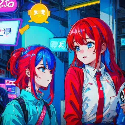 draw a scene of two korean twin sisters one redhead and the other with neon blue hair, and that the one with blue hair is crying...