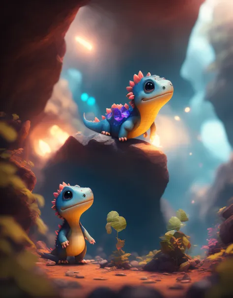 cinematic portrait of a cute dicuki exploring a dark and mysterious cave filled with colorful crystal beautiful, cute , 4k, detailed , digital art, trending arstation, disney , pixar