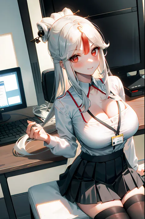 Ningguang, 1girl, solo, ((white shirt)), black thighhighs, breasts, cleavage, uniform, office background, black skirt, pleated skirt, office, hair between eyes, hair ornament, large breasts, long hair, looking at viewer, silver hair, silver short nails, re...