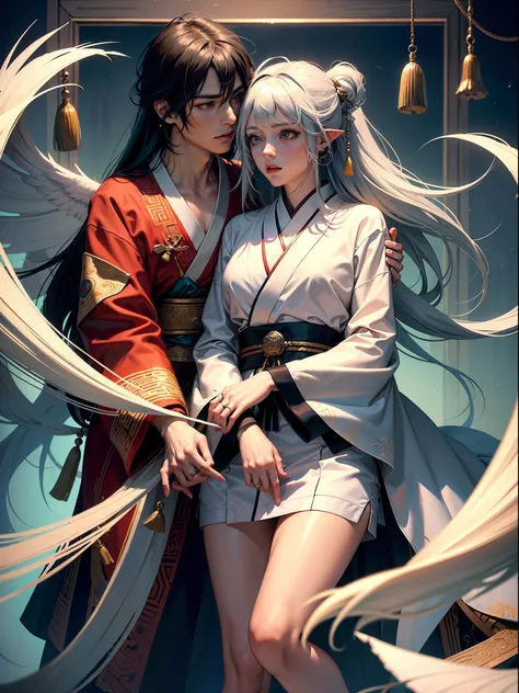 concept art, "1 couple, male focus, fin ears, multicolored hair, handsome boy, long white hair, tassels, bangs, carp, colorful, ...