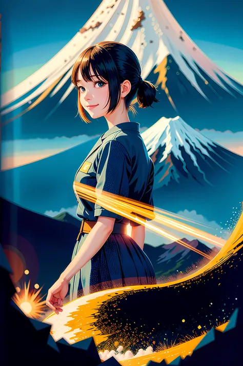 1girl, anime key visual, spectacular one mt. fuji scenery , summer, detailed illustration, smile, dada art, lens flare, ambro ty...