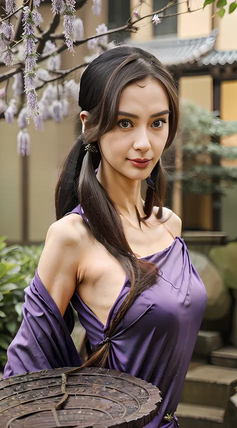 masterpiece, superb banquet, daytime, 1 person, mature woman, chinese style, ancient chinese, dark clothes, purple clothes, blue...