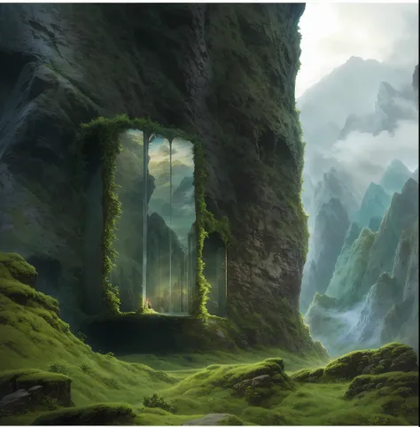 there is a window that is in the side of a mountain, organic matte painting, surreal matte painting, mattepainting, beautiful mattepainting, extravagant matte painting, ultrarealistic matte painting, dreamy matte painting, hyperrealistic matte painting, ma...