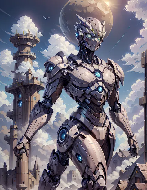 ((Best Quality)), ((Masterpiece)), (detailed), Giant Mech, Perched on Clouds, (Fantasy Illustration: 1.3), Enchanting Eyes, Otherworldly Charm, Mysterious Sky, (Luis Royo: 1.2), (Yoshitaka Amano: 1.1), Moonlit Night, Pastel Colors, (Detailed Cloud View: 1....