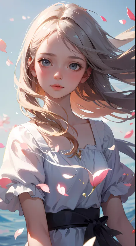 (best quality, masterpiece, ultra-realistic), 1 beautiful and delicate portrait of a girl, playful and cute, with floating petal...