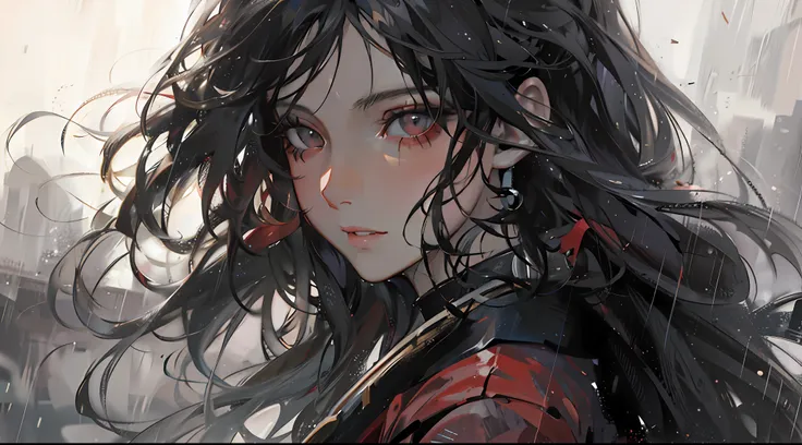 anime girl with long black hair and red shirt in the rain, detailed portrait of anime girl, stunning anime face portrait, artwor...