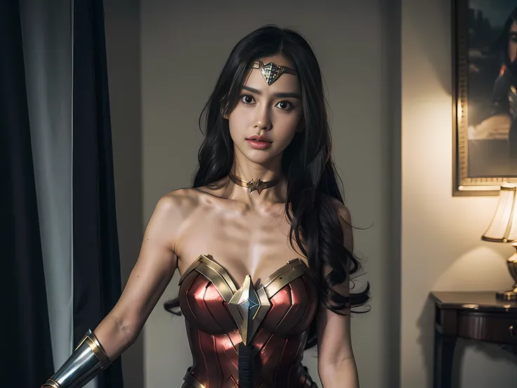 close-up of a woman in a sword costume, portrait of wonder woman, dressed as wonder woman