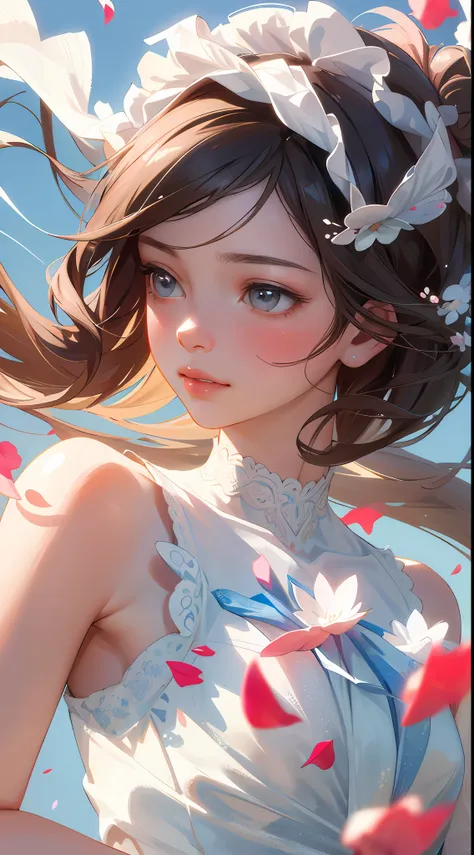 (best quality, masterpiece, ultra-realistic), 1 beautiful and delicate portrait of a girl, playful and cute, with floating petal...