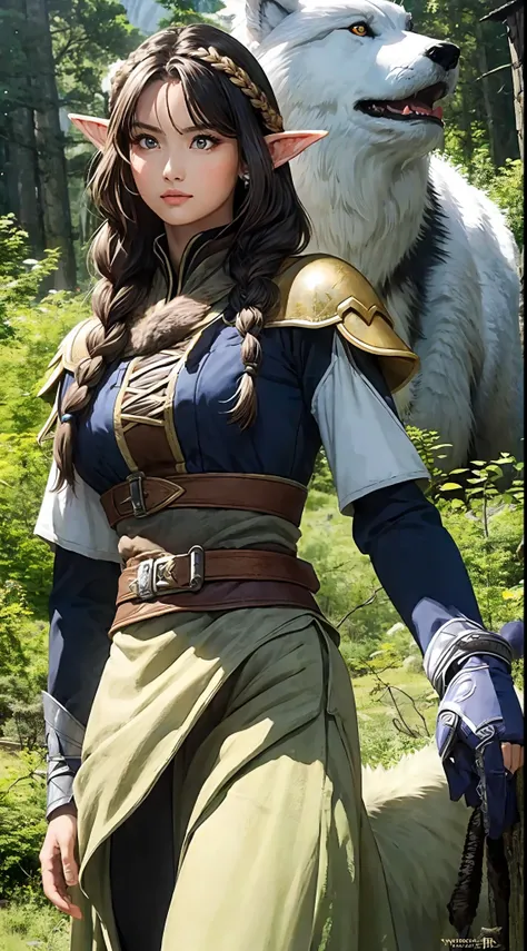(masterpiece, best quality), 1girl, beautiful elf ranger, (massive dire wolf companion:1.3), patrolling the mystical mountain forest, detailed ranger armor, braided hair, perfect face, beautiful face, big gorgeous eyes, perfect slim fit body, serious, afte...