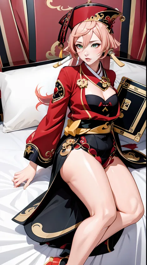 Masterpiece, best quality, rich details , video game Genshin Impact, Genshin Impact style, 1 girl, (seduction), sexy expression, (adult female), 30 years old, smoky, full body, plump is figure, Hanfu, lying on the bed
