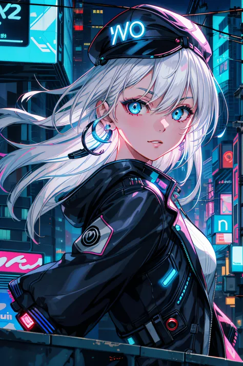 1 girl, solo, colorful, blue eyes, cyberpunk, cityscape, moon background, peace sign, earrings, white hair, hat, neon sign, beau...