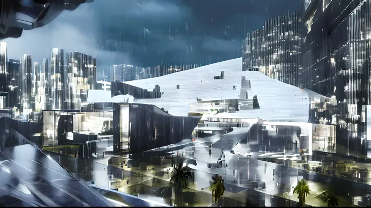 ((masterpiece, best quality)),human perspective, 8k, modern architecture style, photo realistic, hyper detailed photo, clean sky, ruined city, cyberpunk,night,rain,