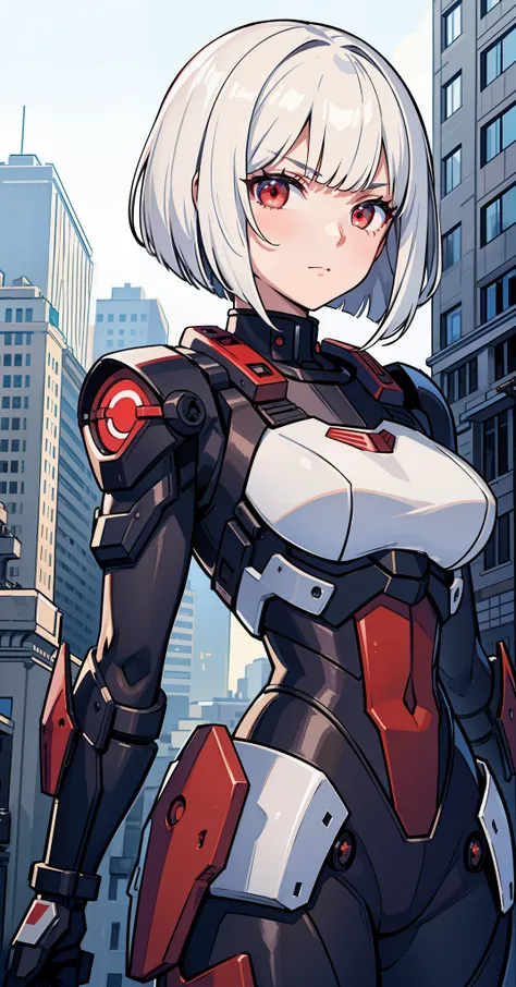 1girl, masterpiece, short hair, white hair, bob cut, red eyes, serious, mech suit, black suit, portrait, city background