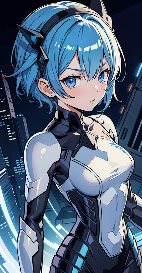 1girl, masterpiece, rem rezero, short hair, blue hair, blue eyes, serious, mechanical suit, black suit, portrait, night city bac...