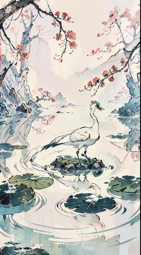 White crane painting in lotus pond, Chinese brush illustration, Chinese painting style, Chinese traditional painting, Chinese traditional ink painting, Chinese style painting, Chinese watercolor style, Chinese ink painting, beautiful artwork illustration, ...