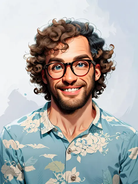 hd, (best detail), (best quality), meticulous facial features, smiling man with curly hair in blue shirt and glasses, two-dimens...