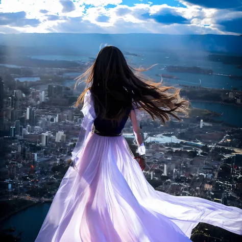 Arafins woman in long dress standing on a ledge overlooking the city, beautiful girl on the horizon, wearing a white flowing dress, wearing a flowing dress, looking out over the city, looking at the city, flowing dress, flowing white dress, soaring over a ...
