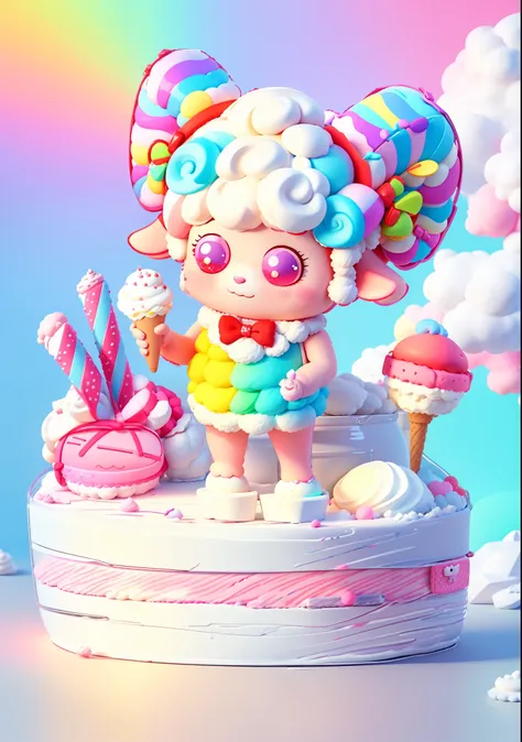 a sheep doll character holding ice cream, figure, blind box, 3d model, sheep with red horns, bow, lollipop, animal sheep charact...