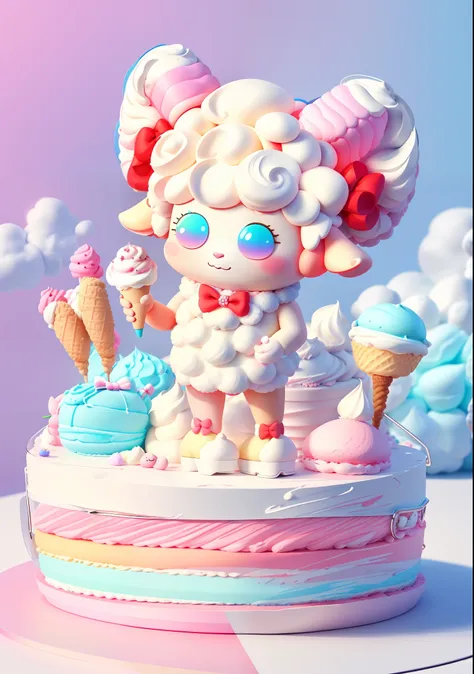 a sheep doll with ice cream, figure, blind box, 3d model, sheep with red horns, bow, lollipop, cream, cake, animal sheep charact...