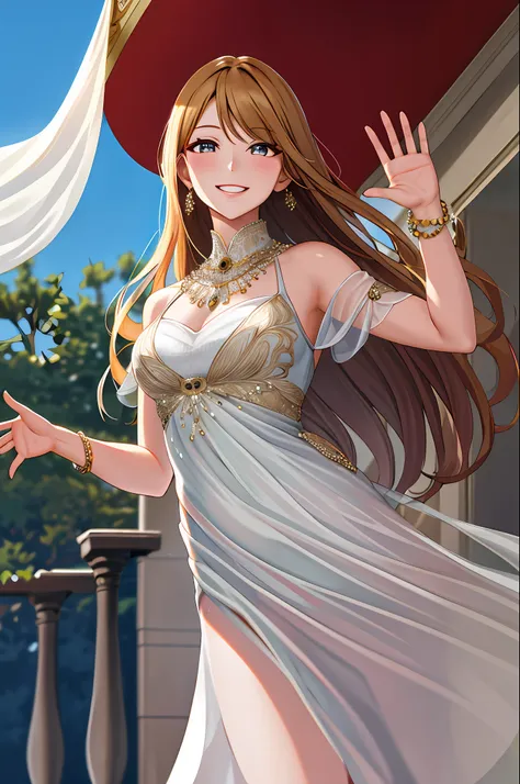 masterpiece, best quality, highres, jewelry, dress, smile, waving