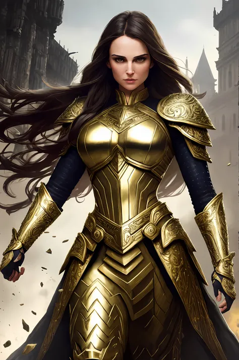 full body,front stance, (warrior:1.2) female,(natalie portman),golden hair,lady thor,wearing full body multiple layer (heavy metal armor:1.2), (white and yellow metal armor with intricate pattern:1.2), gloves, (insanely detailed, bloom:1.5), (highest quali...