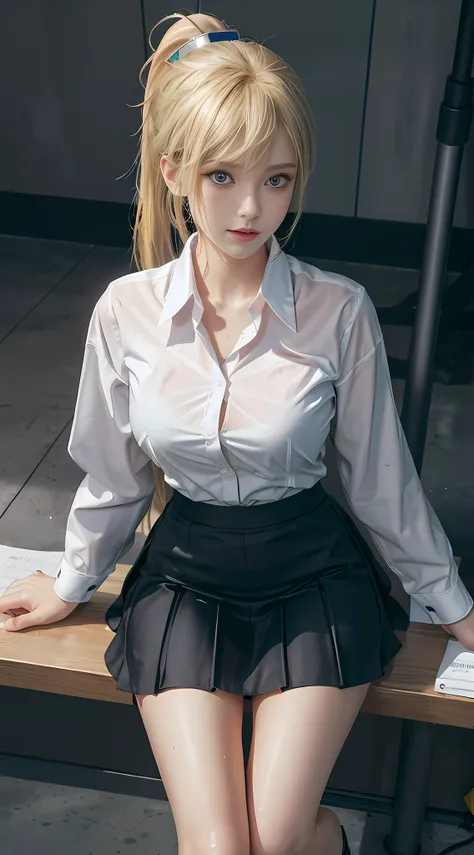 High quality, best quality, masterpiece, 8K, ultra-real, ridiculous, vibrator in panties, 1 girl, office, blonde, business suit, pen holder skirt, standing with legs extended: 1.1, blush, ponytail, wet panties, sitting, wet floor, (open clothes, expose ent...