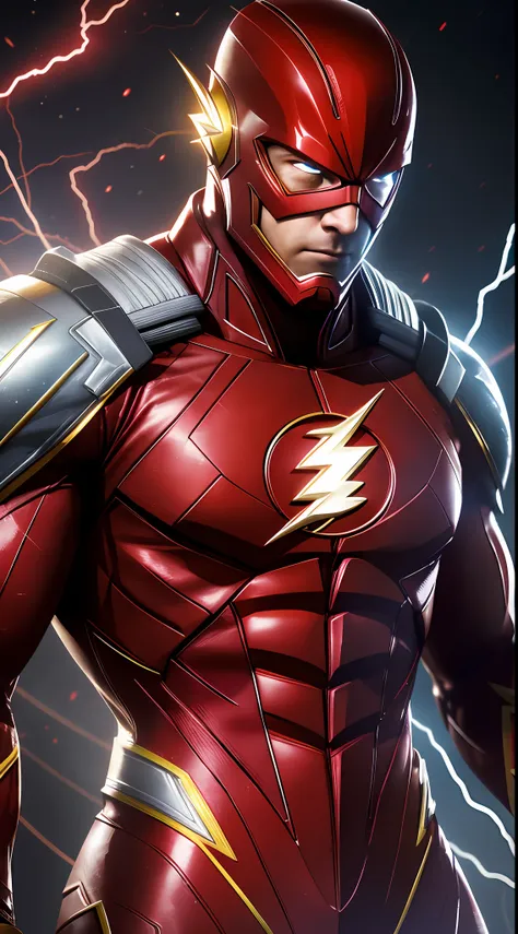 the flash (injustice 2), best quality, high resolution, tall, muscular, hunk, white plates and scarlet red neon suit, big glowin...