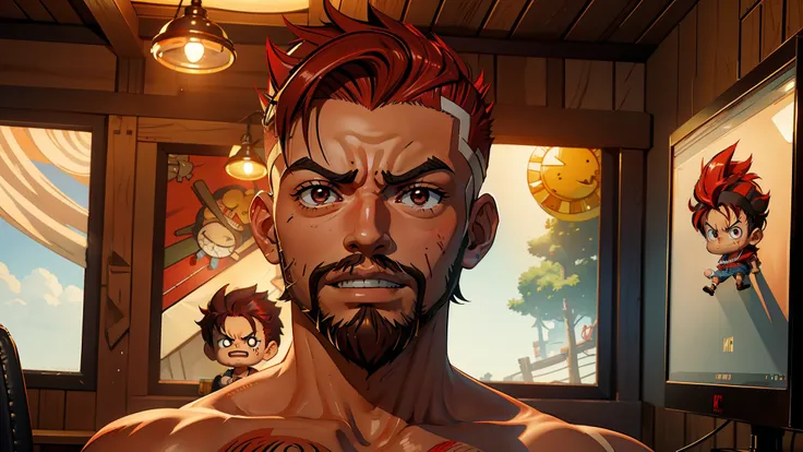 ((Best quality, 8k, Masterpiece: 1.3)), chibi, 3d, one piece, luffy, background, interior, gamer room, two computers, perfect lighting, (1boy), perfect brown eyes, perfect face, perfect hair, red mohawk hair, degrade on the sides, short hair, detailed bear...