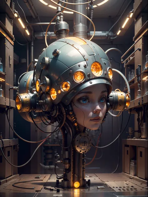 (((wide view)))), (((a mechanical female head floating in the laboratory))), in the center of the room floats a robot head, (((h...