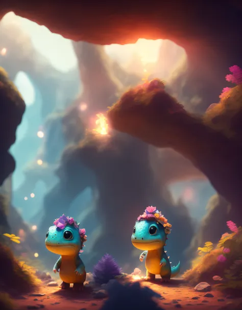 cinematic portrait of a cute dicuki exploring a dark and mysterious cave filled with colorful crystal beautiful, cute , 4k, detailed , digital art, trending arstation, disney , pixar