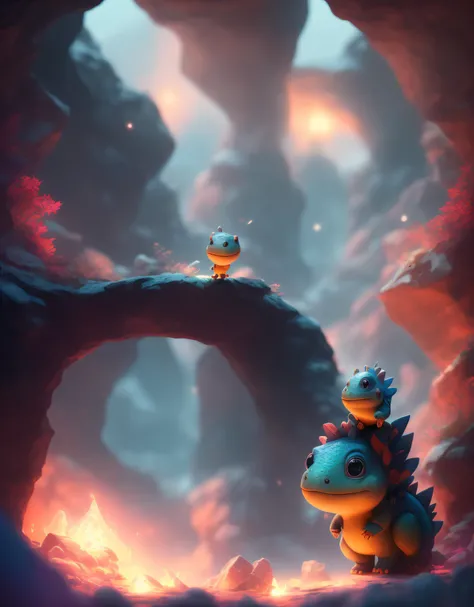 cinematic portrait of a cute dicuki exploring a dark and mysterious cave filled with colorful crystal beautiful, cute , 4k, detailed , digital art, trending arstation, disney , pixar