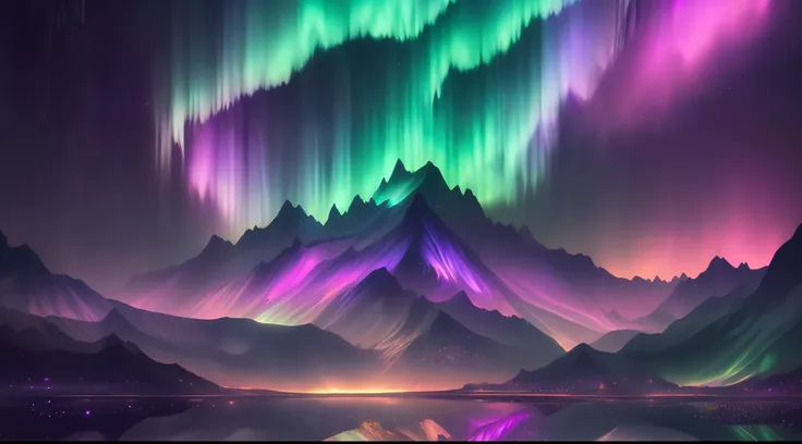 a painting of a mountain with a lot of aurora lights in the sky above it and a lake below , chaingirldark style ultra detailed, ...