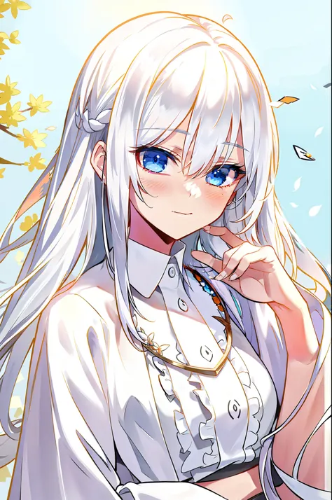 anime - style image of a woman with long white hair and blue eyes, girl with white hair, perfect girl with white hair, white hai...