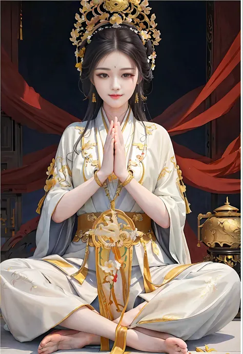Amazing portrait of oriental beauty in yellow Hanfu, (cross-legged meditation: 1.3), (beautiful eyes), long eyelashes, solemn expression, ((prayer pose)), perfect facial features, delicate face, HD details, depth shooting, (sitting cross-legged), smiling, ...