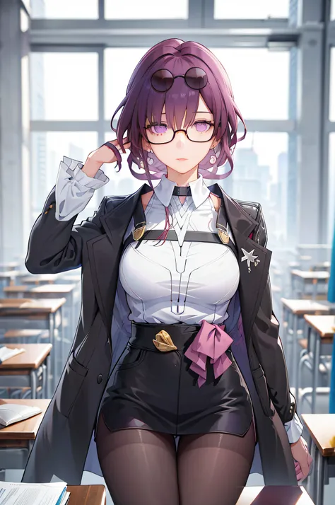 masterpiece, essential: 1girl, skinny, big breasts, official, school uniform, pantyhose, glasses on the head, purple eyes, empty...