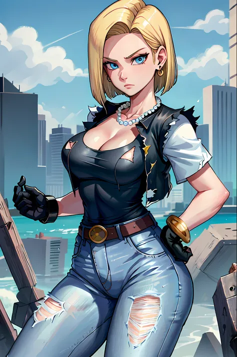 best quality, high definition, and18, 1girl, android 18, solo, blonde hair, blue eyes, belt, jeans, pearl_necklace, bracelet, bl...