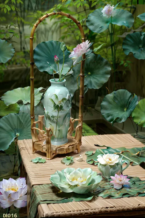 there is a small table with a vase with bamboo inserted in the vase, celadon glaze, a dslr camera photo with bamboo leaves on th...