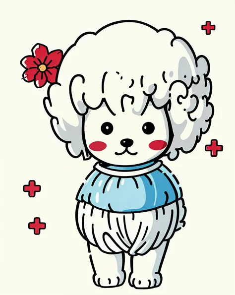 (Masterpiece), (Best Quality), Sticker, Round Head, Big Eyes, Dwarf, Bichon Dog, Cute Color, Bichon Line, Vector, Simple, Flat Illustration, Mascot, Cartoon, White Background, Broken Flowers