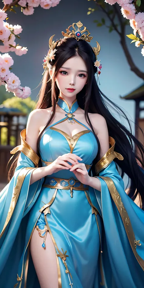 painting of a woman in a blue dress holding a fan, alice x. zhang, beautiful fantasy maiden, by leng mei, by chen lin, beautiful...