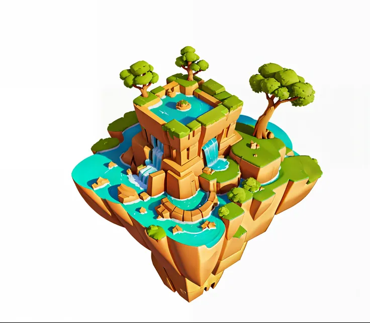 anthill shaped empty island, floating in the air, close-up of islet with waterfall and trees, 3 d rendering stylized, isometric ...