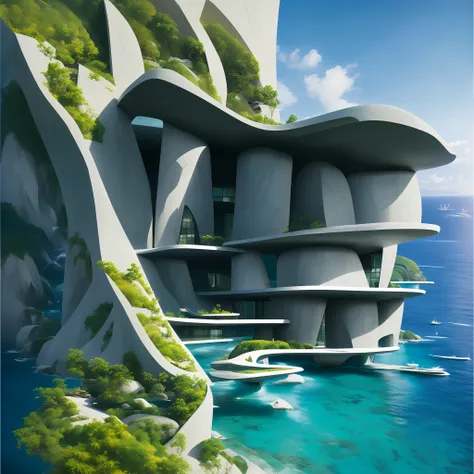 a modern futuristic design large cliff house's with a artificial waterfall and a pool in the middle, nature meets architecture, ...