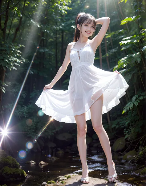 ((1 person)),((photorealistic))), ((akb 48))), (full body photo)), looking up from below, twilight, facing away, ((((lens flare)...