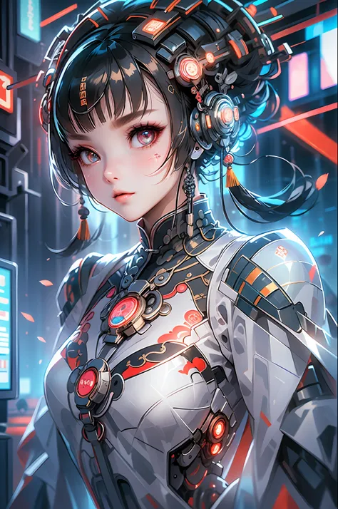 a girl, full body, clear facial features, amazing facial features, beautiful eyes, ancient chinese costumes, chinese cyberpunk, ...