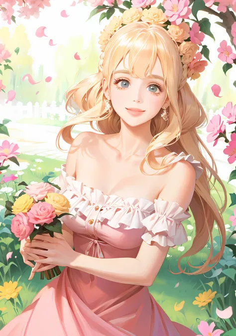 lolita, off-the-shoulder, pink dress flowers, smile, blonde hair, fluttering hair, natural light, perfect figure, delicate facia...